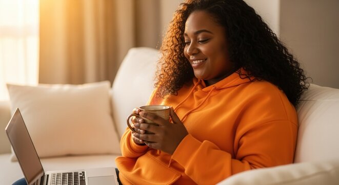 Smiling young woman working on a laptop at home. Relaxing on the couch with a cup of coffee. Remote work and cozy lifestyle concept - Powered by Adobe