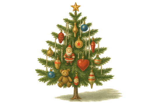 Festive christmas tree showcasing a collection of retro ornaments, including santa claus and a teddy bear, on a transparent background