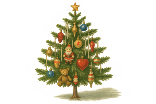 Festive christmas tree showcasing a collection of retro ornaments, including santa claus and a teddy bear, on a transparent background