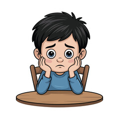 A sad boy sits at a table, resting his head on his hands.