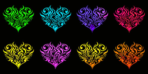 Collection of eight vibrant tribal heart designs in various neon colors on a black background