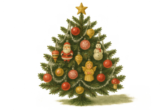 Vintage christmas tree illustration featuring santa claus, snowman, angel ornaments, adding festive and nostalgic decor