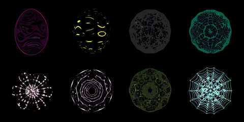 Collection of eight abstract spherical and egg shaped objects with intricate patterns and designs
