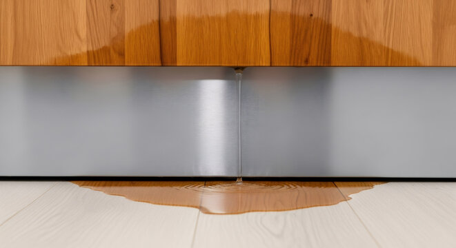 Water drips from a dishwasher or washing machine under wooden kitchen cabinets, causing a flood on the light-colored floor. Leakage and appliance repair concept. - Powered by Adobe