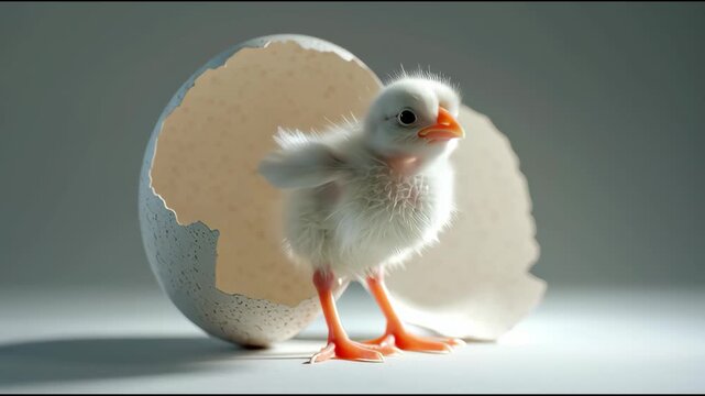 A cute baby chick hatching from an egg on a white background