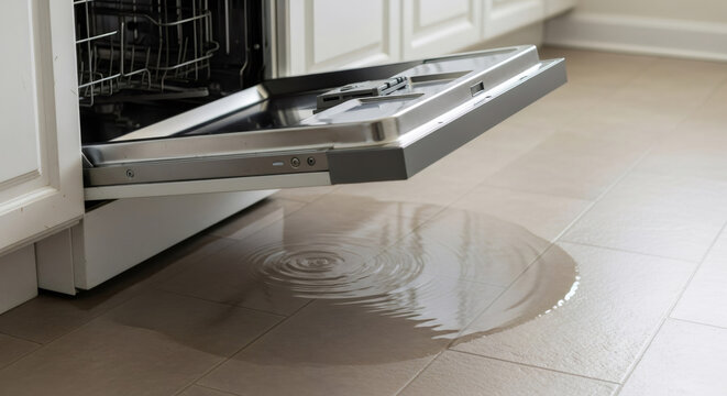 Open dishwasher with water leaking from under the appliance onto the kitchen floor. Household appliance breakdown leading to water damage and repair.