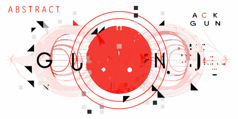 Abstract geometric composition with red circle and concentric rings and text