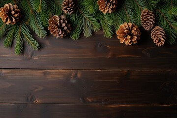 Overhead shot of pine cones and fir branches arranged on a rustic dark wood surface with copy space in the center