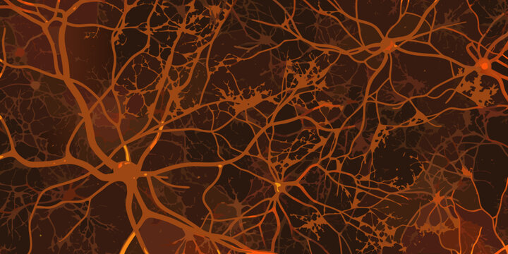 Abstract network of glowing orange neuron cells and neural pathways on a dark background