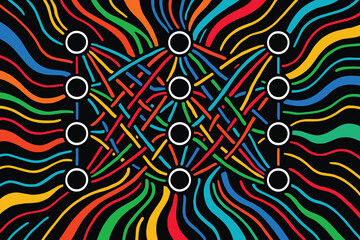 Abstract neural network with colorful wavy background and interconnected nodes