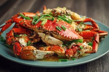 Dungeness Crab Plate. Chinese Food with Green Onion Sauce for a Healthy Diet