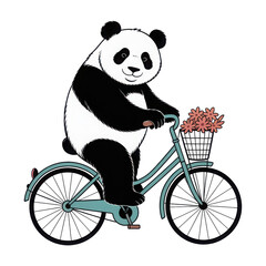 Panda riding bicycle with flowers isolated on transparent background