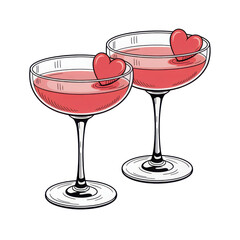 Two romantic cocktail glasses with heart garnishes isolated on transparent background