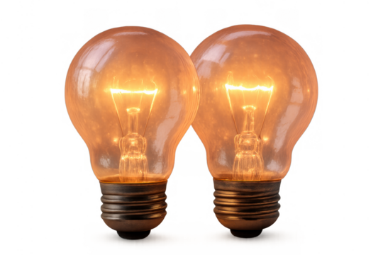 Two glowing incandescent lightbulbs symbolize bright ideas, solution, innovation, and electricity. Transparent background for easy use