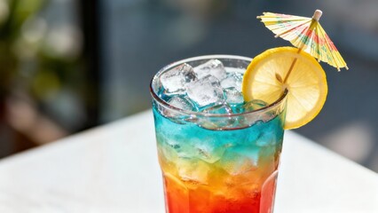Layered tropical beverage with ice cubes and citrus garnish sits on a bright surface