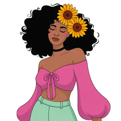 Serene afro woman with sunflowers isolated on transparent background