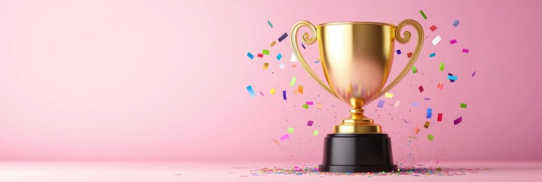 Golden trophy with colorful confetti on pink background
