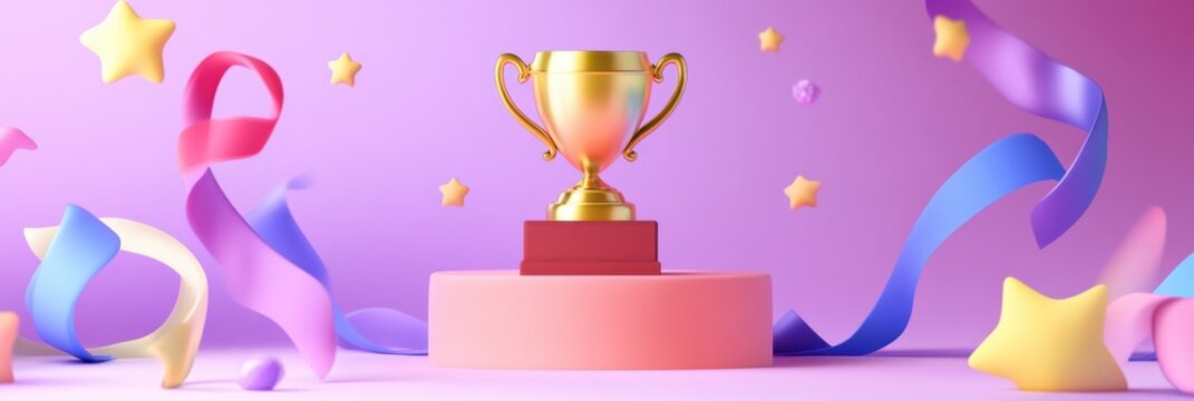 Celebratory trophy on pink podium with colorful ribbons and stars