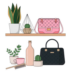 Stylish shelf decor with fashion and home accessories isolated on transparent background