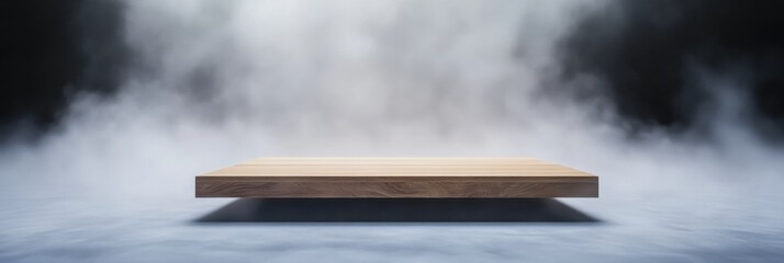 Wooden platform with mysterious misty background for product display