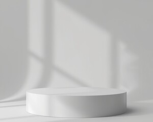 Minimalist white pedestal with soft window light and shadow overlay