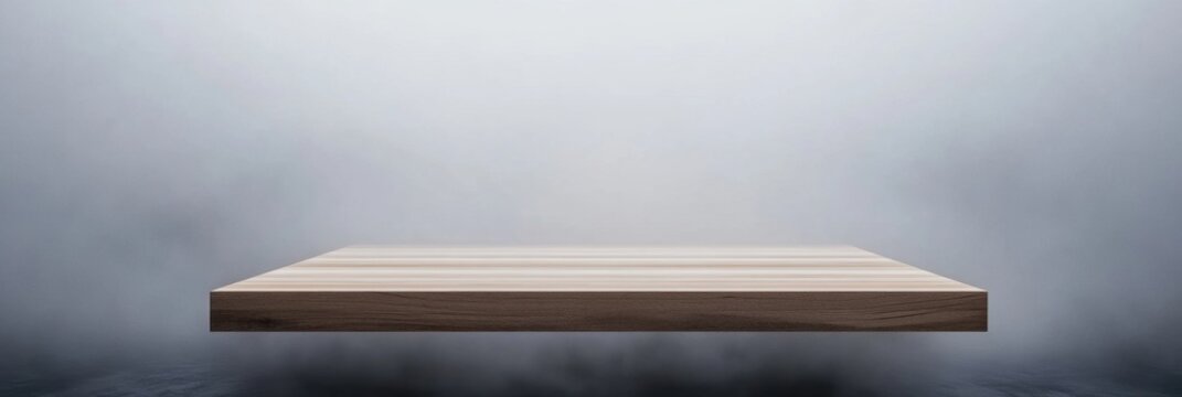 Minimalist wooden table in misty atmosphere concept