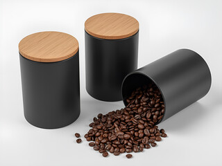 A minimalist black coffee container with wooden lid and roasted coffee beans spilled on a white surface, symbolizing modern kitchen style and caffeine culture