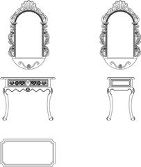 Vector sketch illustration silhouette design of a classic vintage ethnic traditional retro dressing table chair full of carvings