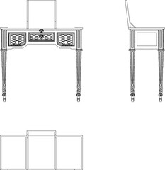 Vector sketch illustration silhouette design of a classic vintage ethnic traditional retro dressing table chair full of carvings