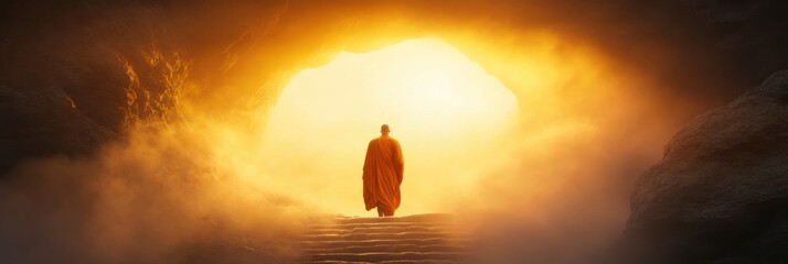 Peaceful solitude journey through glowing cave at dawn