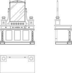 Vector sketch illustration silhouette design of a classic vintage ethnic traditional retro dressing table chair full of carvings 