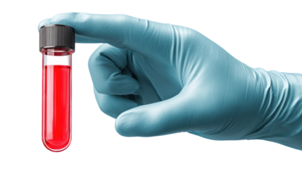 Hand in blue glove holding a test tube with red liquid isolated on transparent background