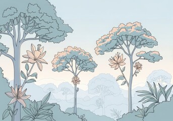 Stylized tranquil jungle landscape featuring large blooming flowers and lush trees
