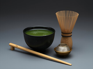 Traditional Japanese matcha tea ceremony set with bamboo whisk, spoon, and bowl