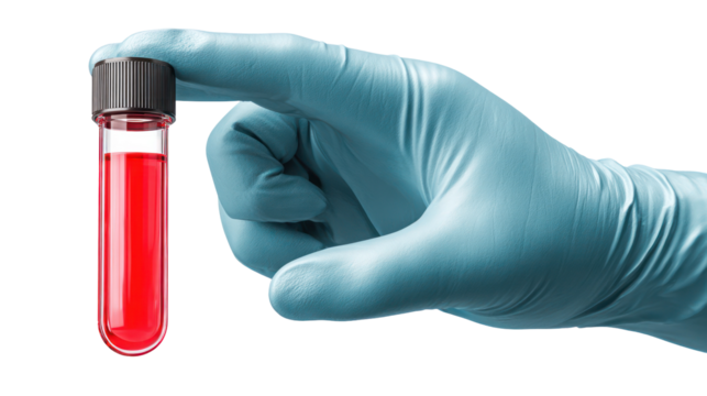 Hand in blue glove holding a test tube with red liquid isolated on transparent background - Powered by Adobe