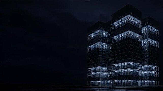 A modern office building illuminated at night against a dark sky. Architectural design with geometric elements - Powered by Adobe