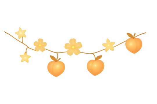 Peach, flower, and star string lights garland creating a festive summer decoration on transparent background - Powered by Adobe