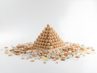 A pyramid-shaped cone of soybeans on a white background, representing organic agriculture and healthy food concept