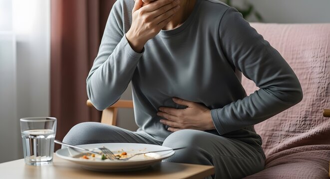 Woman Feeling Nausea and Stomach Pain After Meal: Food Poisoning, Sickness, and Health Issue