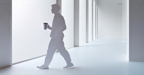 Fototapeta premium Minimalist scene depicts person walking, holding mug. Bright interior, clean lines, modern architecture dominate composition. Soft light creates subtle shadows.