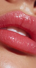 Close-up of Glossy Pink Lips - A Study in Texture and Color.