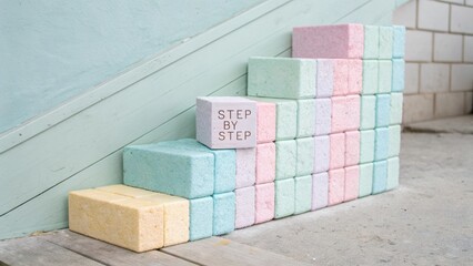 Pastel Cubes Arranged in Staircase Pattern with Step by Step Text