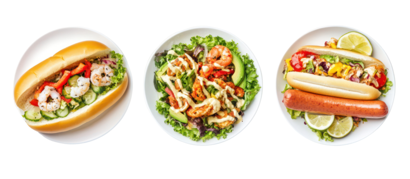 Three oval plates with seafood salad sandwich and hot dogs isolated on transparent background