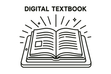 Open digital textbook on tablet screen with glowing rays of knowledge