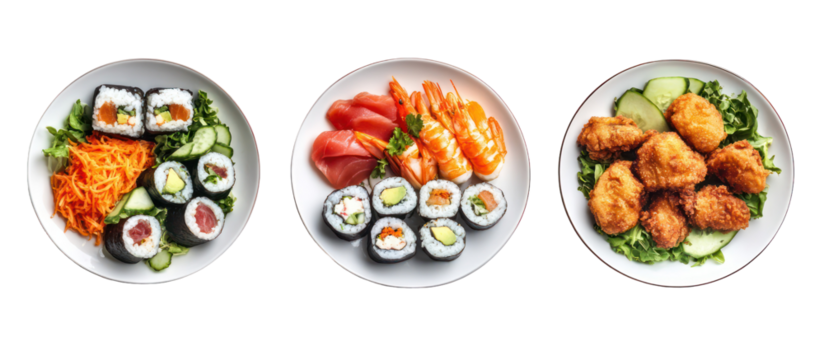 Three oval plates of sushi and fried seafood isolated on transparent background - Powered by Adobe