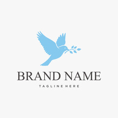 Serene flying dove with olive branch vector logo icon.