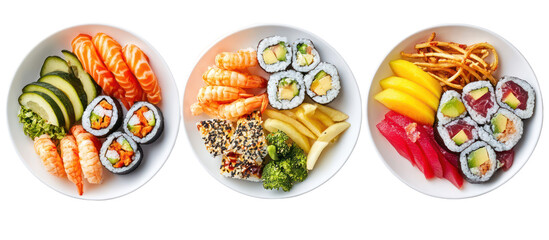 Three oval plates of sushi and poke bowls isolated on transparent background