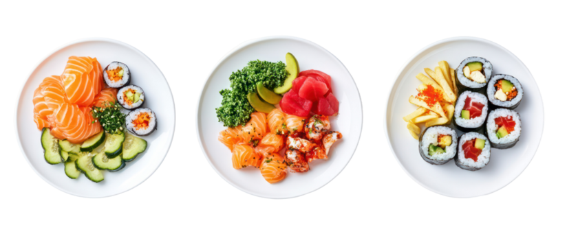 Three plates of japanese food including sushi and sashimi isolated on transparent background
