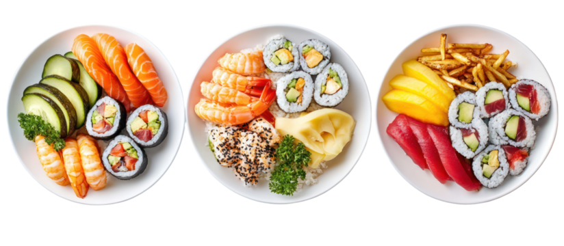 Three oval plates of sushi and sashimi arranged on a transparent background isolated on transparent background