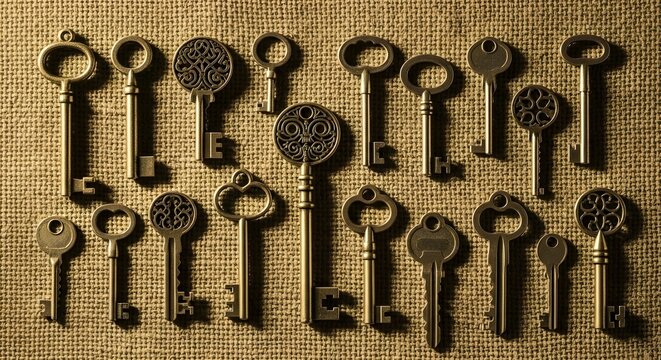 Collection of antique and vintage skeleton keys with ornate decorative heads arranged on a textured burlap background - Powered by Adobe